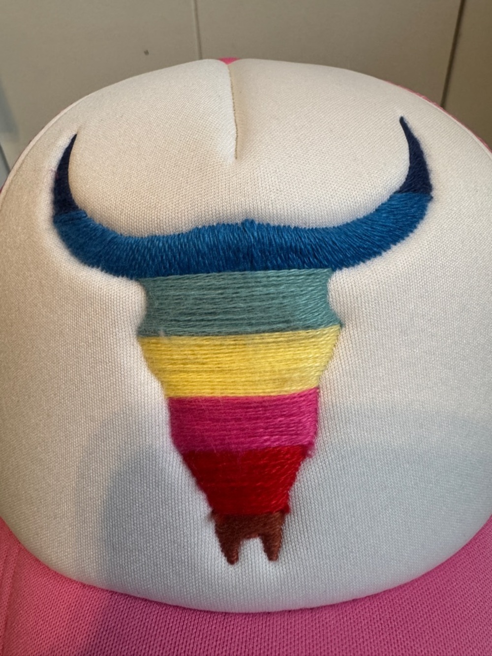 Rainbow Embroidered Longhorn Bull Trucker Hat Pink Mesh Boho Coastal Cowgirl - Picture 2 of 7